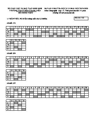 Đáp án đề kiểm tra học kỳ II môn Công nghệ Lớp 12 - Năm học 2019-2020 - Trường THPT Trần Quang Diệu